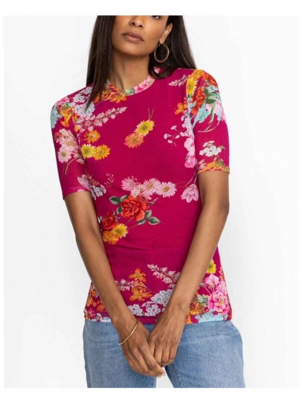 Johnny Was Jade Womens XL Mesh Top Pink Golden Bouquet Floral Sheer Half-Sleeves